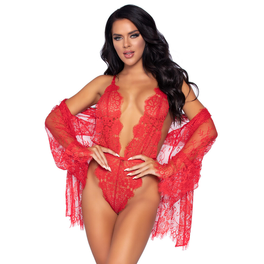 Leg Avenue Floral Lace Teddy and Robe Red image 1