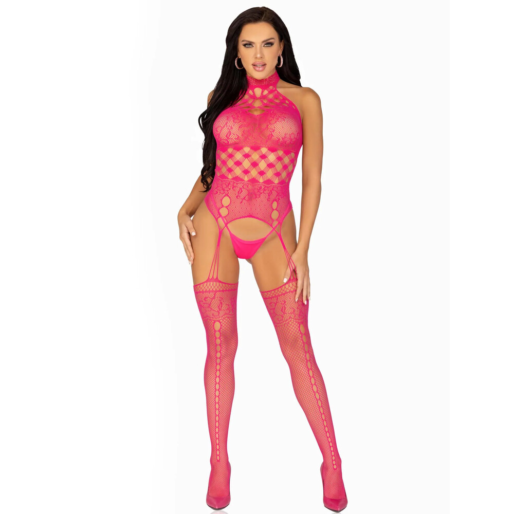 Leg Avenue High Neck Halter Net And Lace Suspender UK 6 to 12 image 1